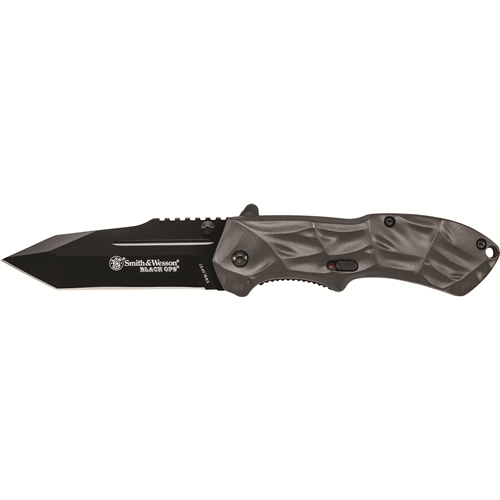 Smith & Wesson Black Ops. 3 Magic Assist knife with a sharp black blade and textured gray handle.