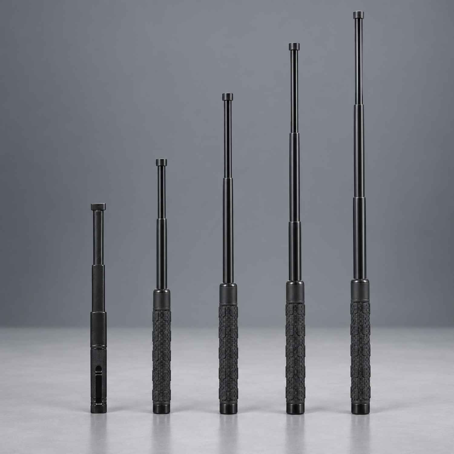 Five black telescoping batons or sticks with textured grips, arranged in ascending size order against a smooth gray studio background.