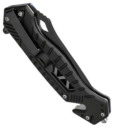 Smith and Wesson SW608BLS Rescue folding knife side view, blue and black aluminum handle with glass breaker and pocket clip