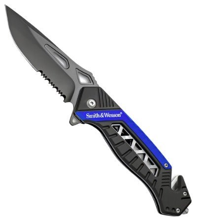 Smith and Wesson SW608BLS Rescue liner lock folding knife, black serrated drop point blade open, blue and black aluminum handle, front view