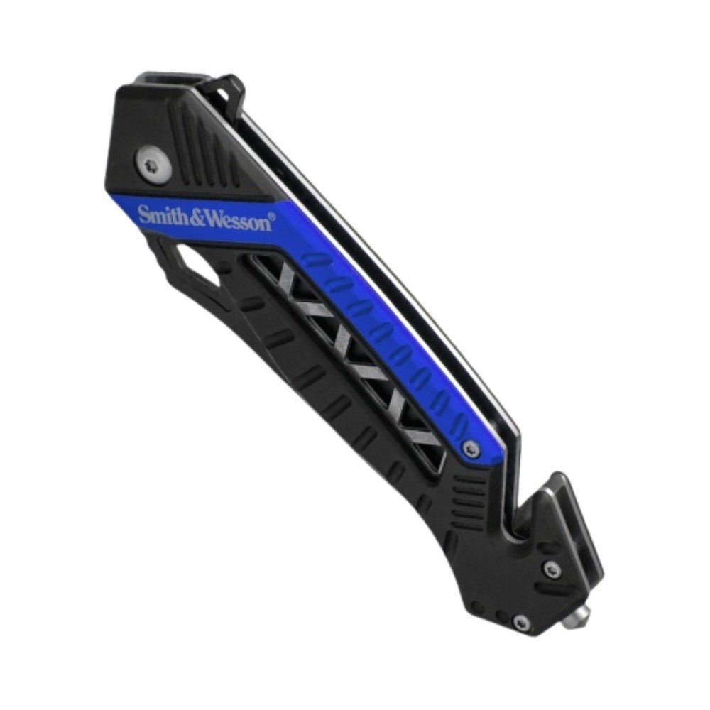 Smith and Wesson SW608BLS liner lock folding knife, black blade and aluminum handle, knife closed showing clip and strap cutter