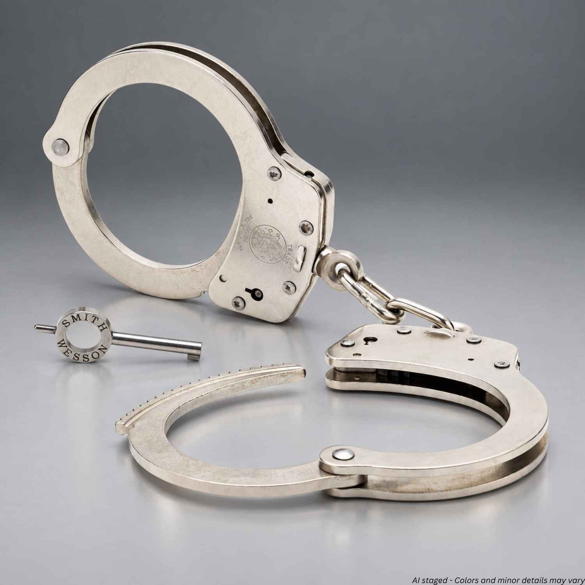 Smith & Wesson M100P 350135 nickel handcuffs with one cuff open and a standard key