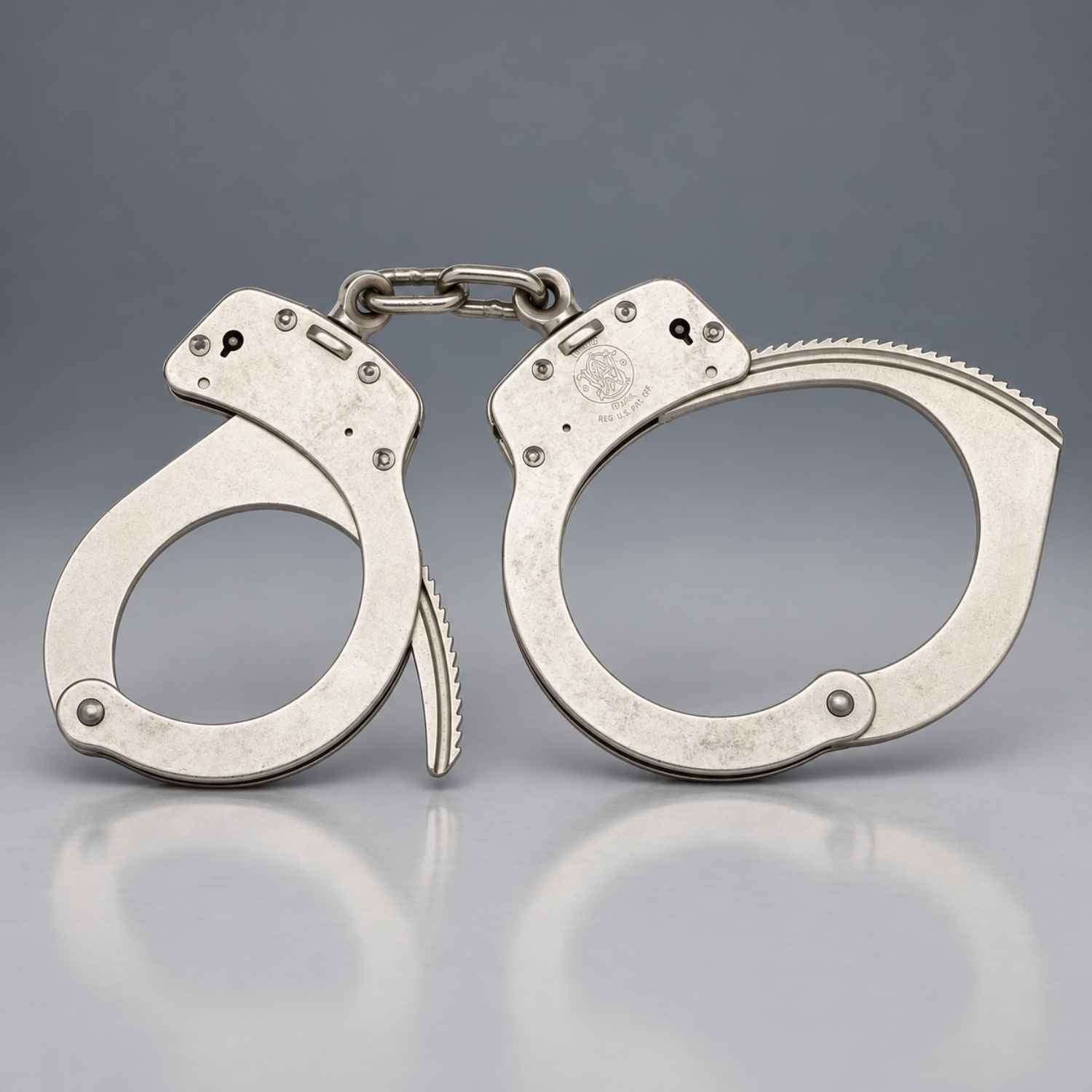 Front view of Smith & Wesson Model 1 nickel chain handcuffs 350132 showing both carbon steel cuffs, double lock pin holes, and S&W logo
