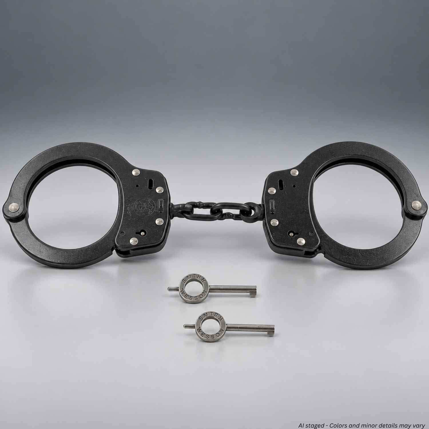 Smith & Wesson Model 100 blued black oxide chain-linked handcuffs with two keys, SKU 350101