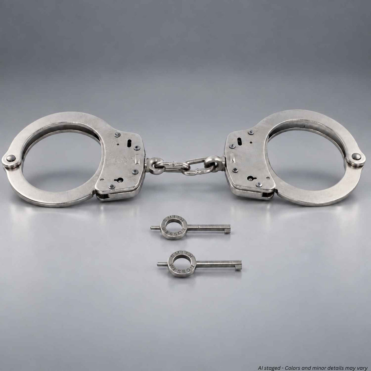 Smith & Wesson Model 100 nickel chain-linked handcuffs with two handcuff keys, SKU 350103