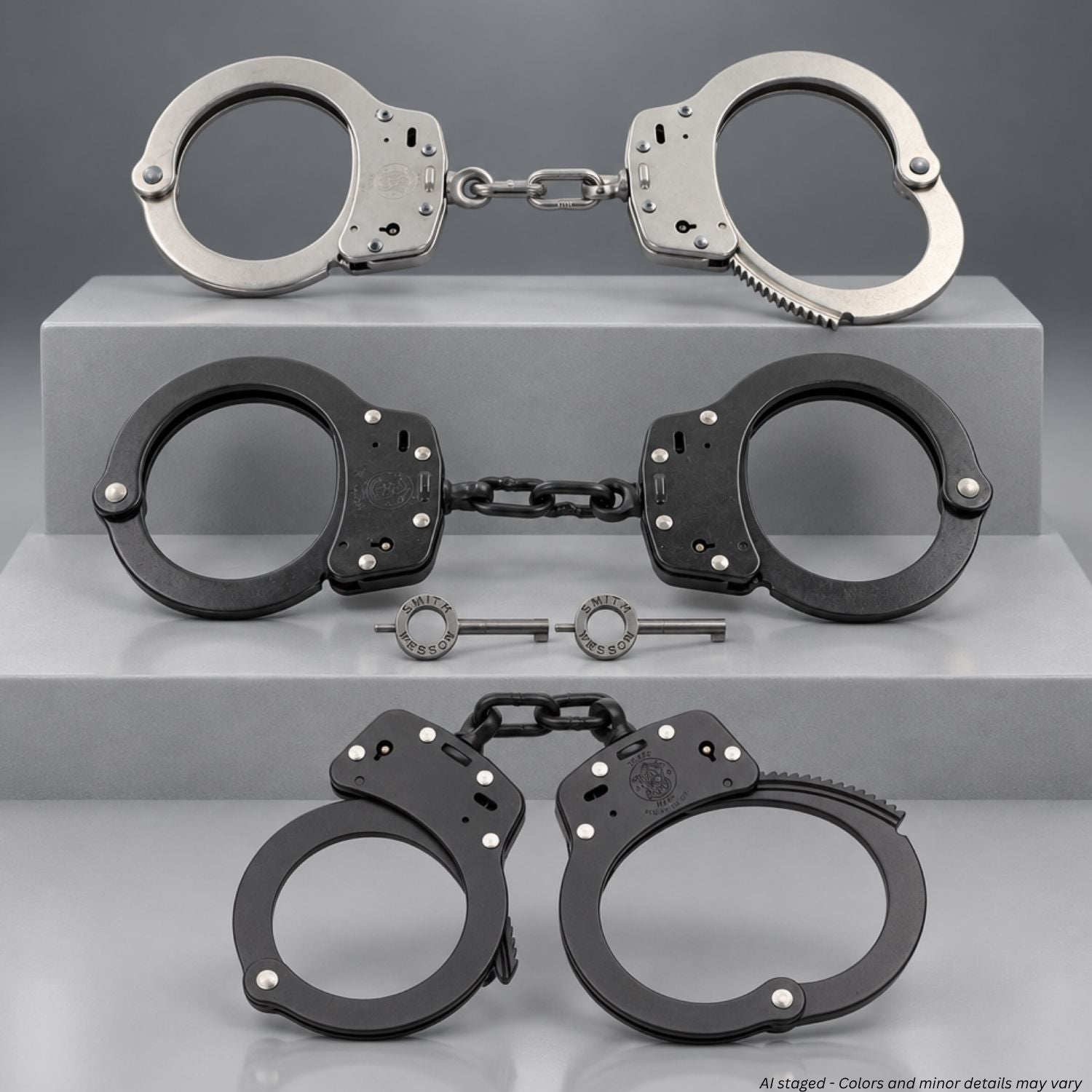 Smith & Wesson Model 100 chain-linked handcuffs in nickel, blued, and Melonite finishes with two handcuff keys