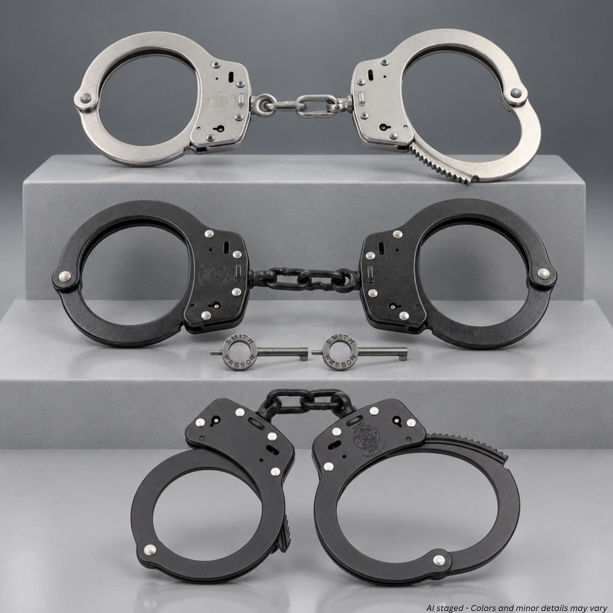 Smith & Wesson Model 100 chain-linked handcuffs in nickel, blued, and Melonite finishes with two handcuff keys