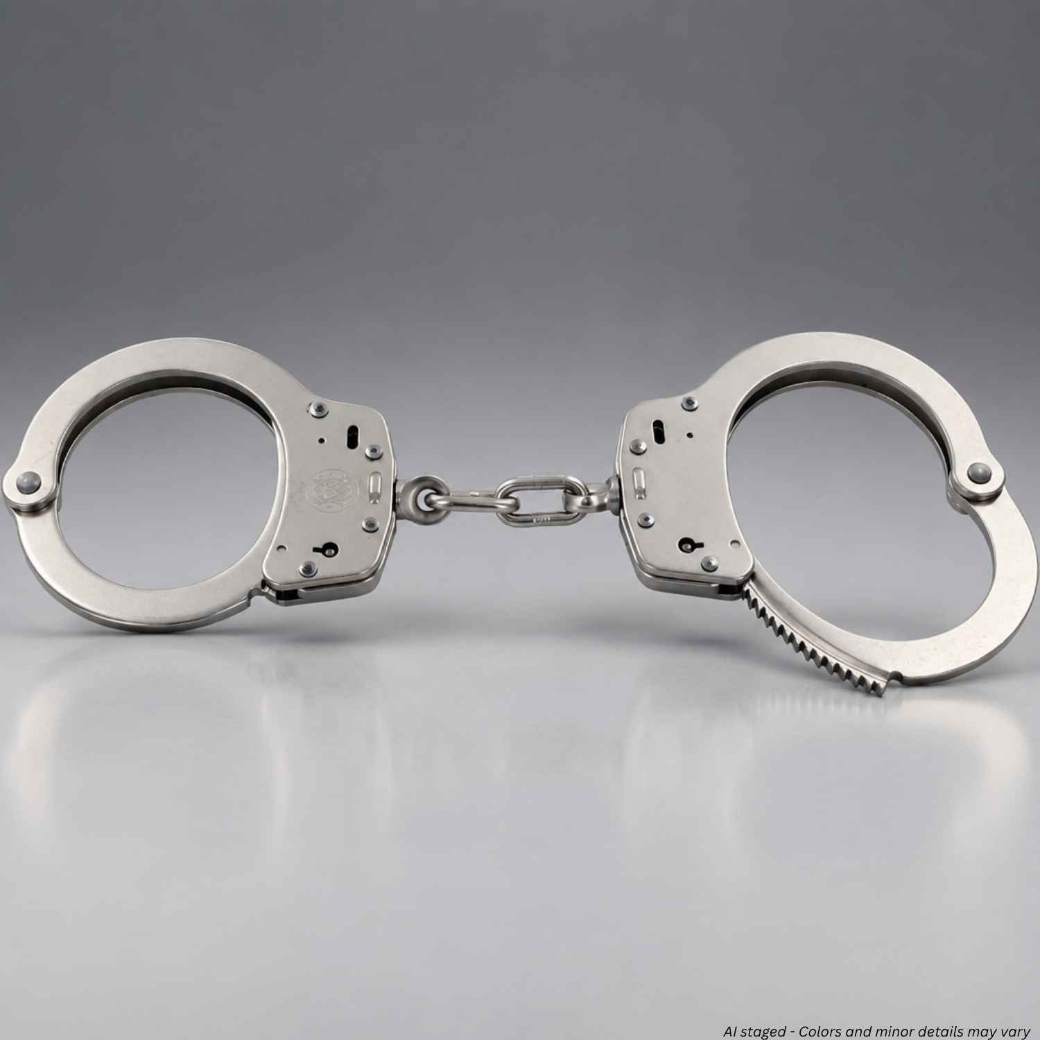 Angled view of Smith & Wesson Model 100 nickel handcuffs showing the chain link and ratchet teeth