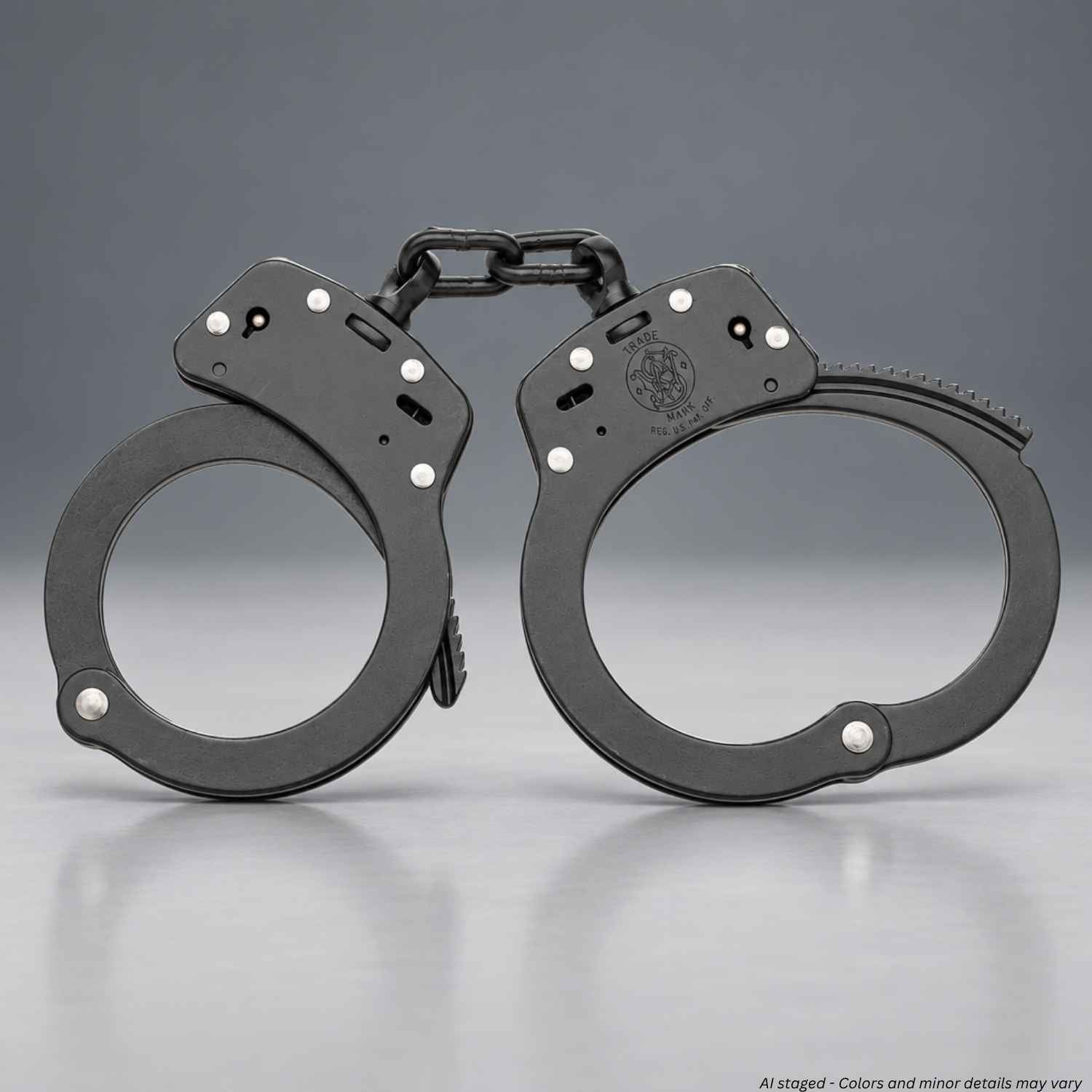 Smith & Wesson Model 100 Melonite black handcuffs close-up showing the S&W logo and double lock slot, SKU 350155