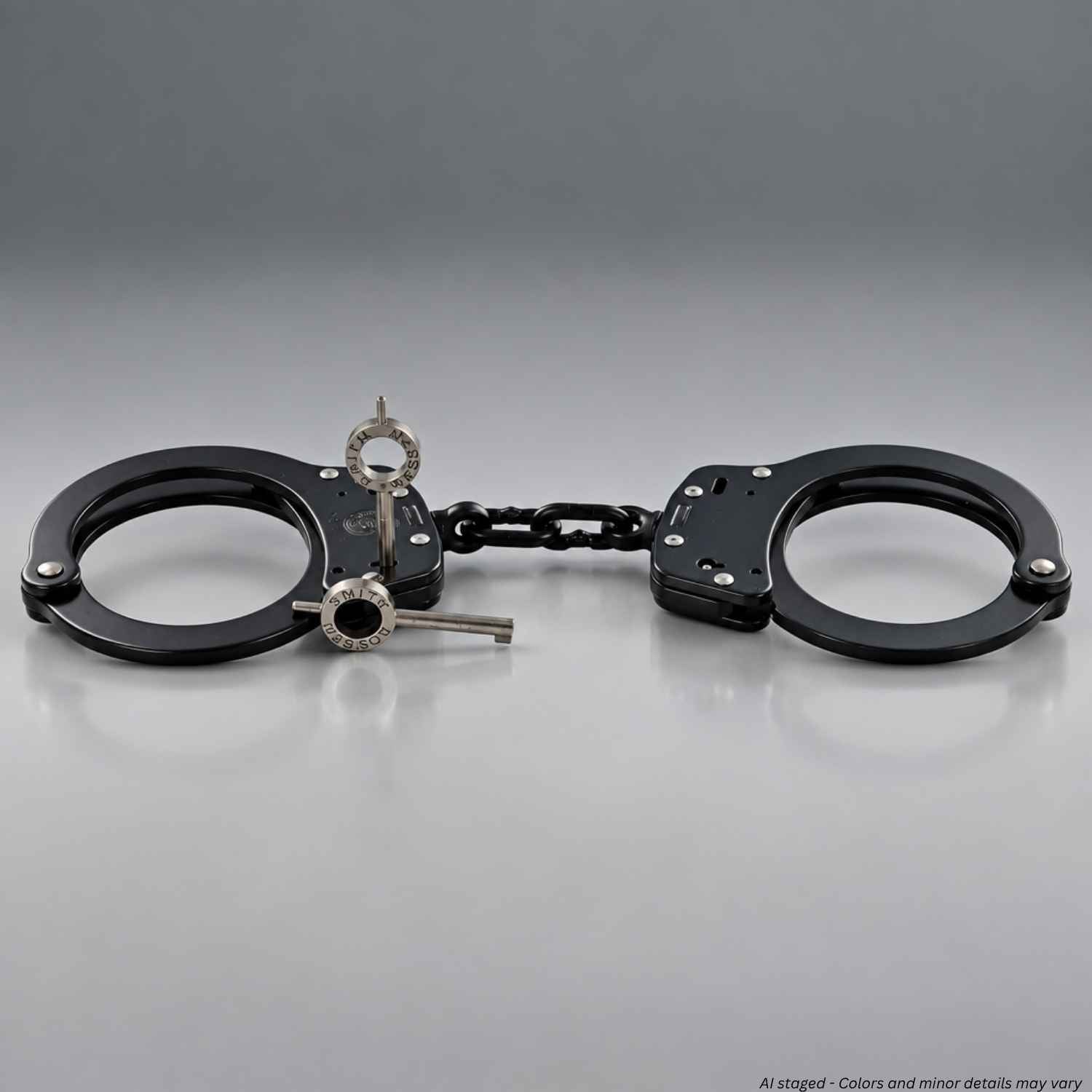 Low side view of Smith & Wesson Model 100 blued handcuffs with a handcuff key in the lock