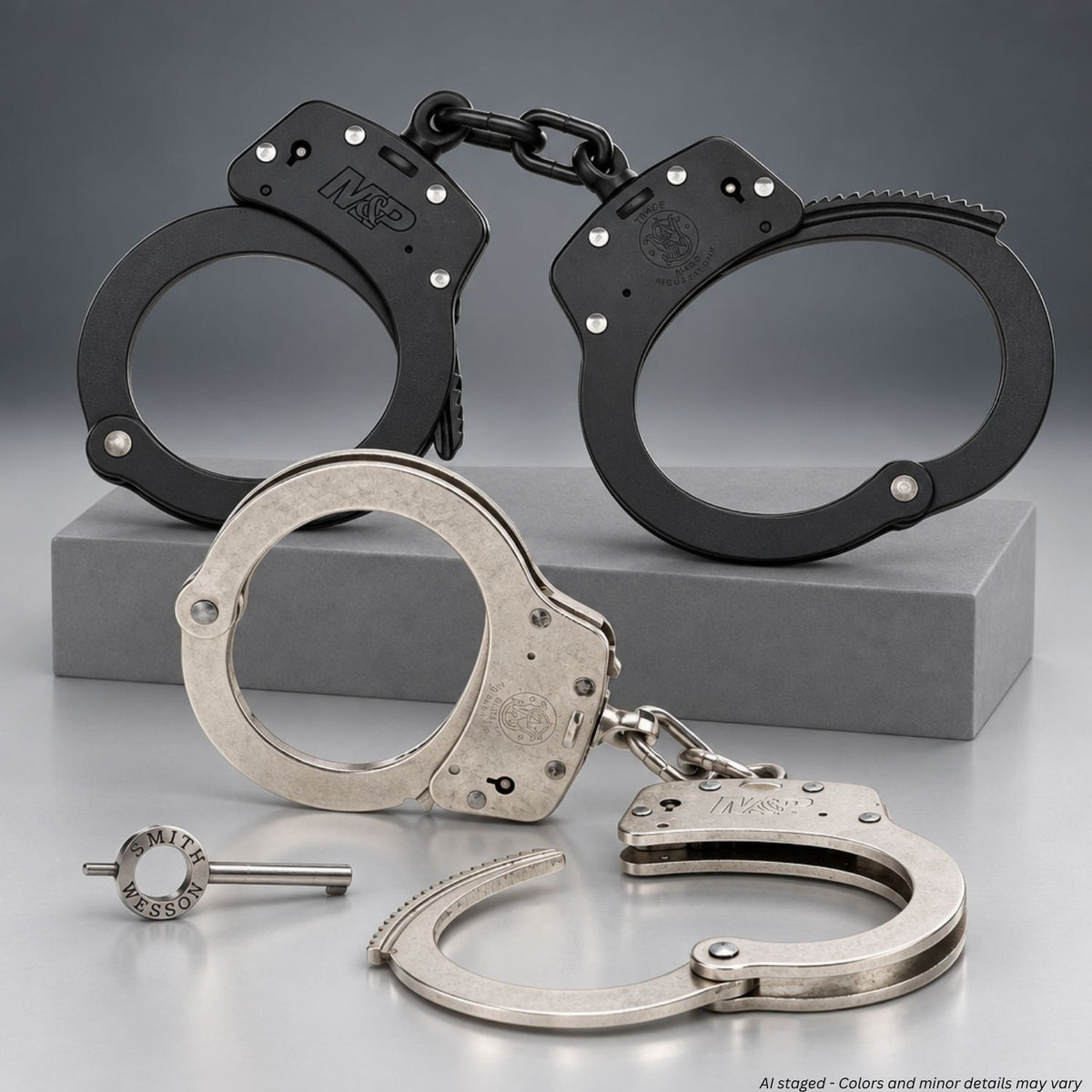 Black and silver colored Smith & Wesson Model 100 M&P Lever Lock Handcuffs on a gray studio background. Available from WCUniforms
