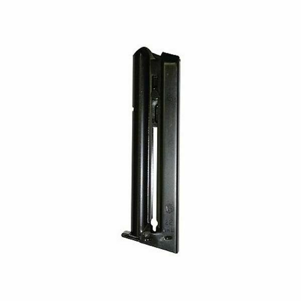 Black metal gun magazine on a white background