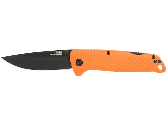 SOG Adventurer LB folding knife in orange and black, featuring a lightweight, durable design with a lock back mechanism.
