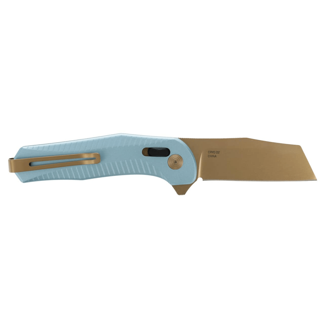 SOG Diverge XR folding knife in light blue and gold, featuring a sheepsfoot blade and ergonomic handle design.