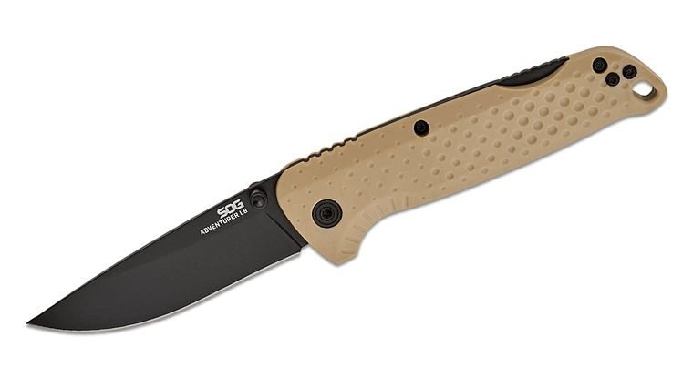 SOG Adventurer LB Lockback Folding Knife with 3" Black PVD blade and FDE GRN handles, ideal for reliable and safe use.