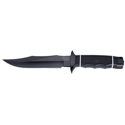SOG SOG-Tech Bowie knife with black TiNi coated blade and Kraton rubber handle for modern functionality.