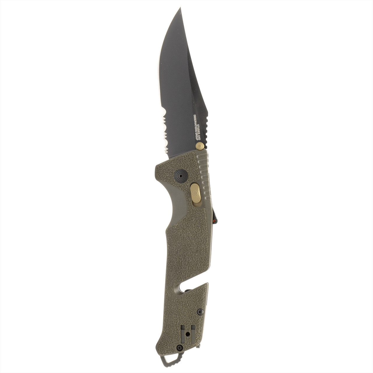 SOG Trident AT folding knife in olive drab, featuring a partially serrated blade and ergonomic handle design.