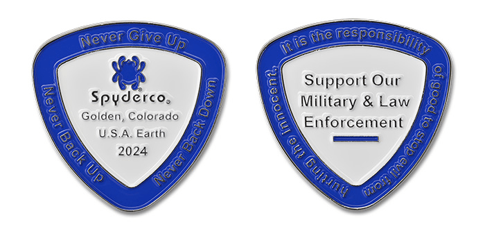 Spyderco COIN 2024 featuring messages of support for military and law enforcement, showcasing company values and unity.