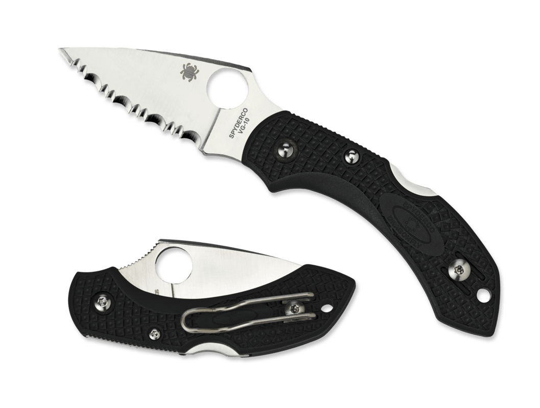 Spyderco Dragonfly knife with serrated blade and black textured handle, showcasing premium craftsmanship and compact design.