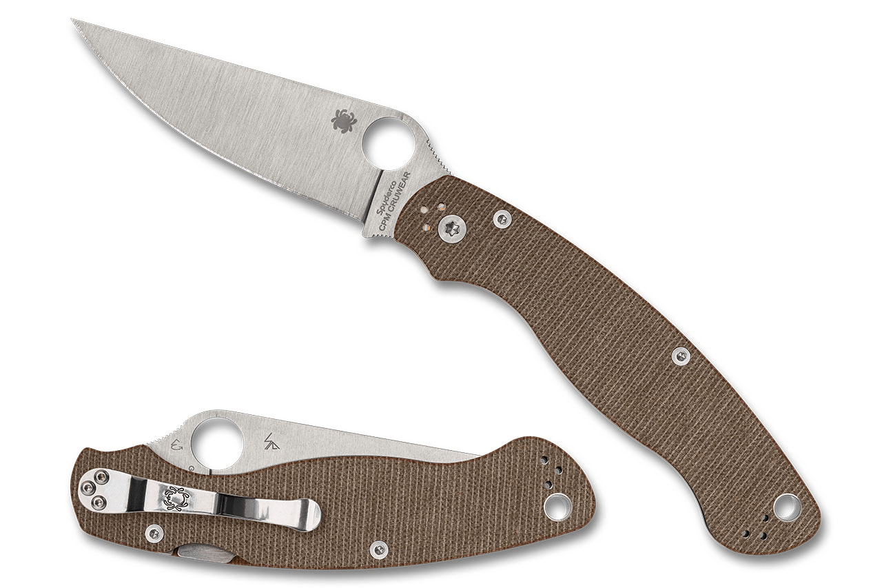 Spyderco Military 2 pocket knife featuring a sleek design and brown textured handle, showcasing its tactical edge and craftsmanship.