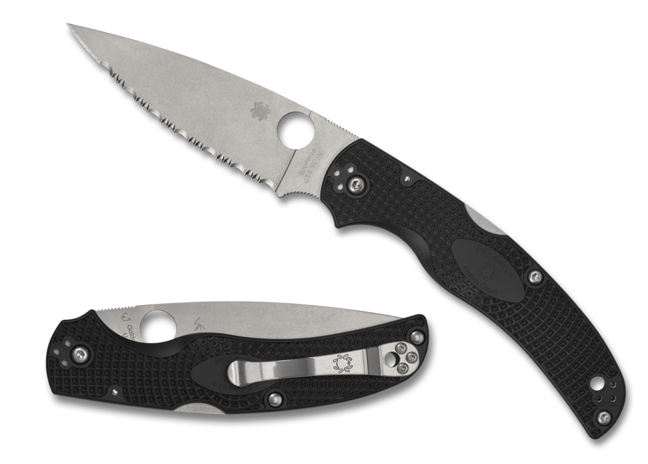 Spyderco Native Chief Black Lightweight folding knife with serrated blade and textured handle, ideal for everyday carry.
