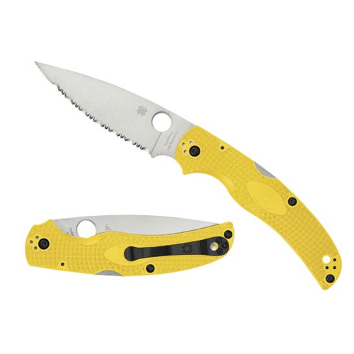 Spyderco Native Chief knife with yellow handle and CPM MagnaCut steel blade, featuring plain and serrated edge.