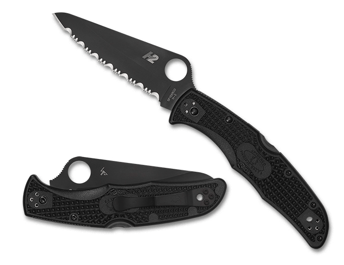 Spyderco Pacific Salt 2 folding knife with black blade and textured handle, showcasing H-1 steel for durability.