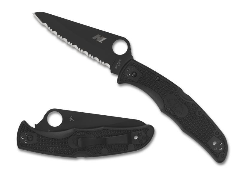 Spyderco Pacific Salt 2 folding knife featuring a serrated black H-1 steel blade and textured handle for improved grip.
