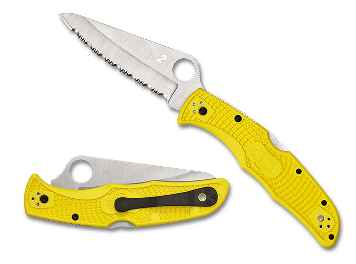 Spyderco Pacific Salt 2 folding knife with yellow handle and serrated blade, showcasing durability and corrosion resistance.