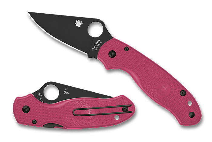 Spyderco Para 3 Lightweight knife in pink with black DLC-coated blade, showcasing a striking two-tone design.