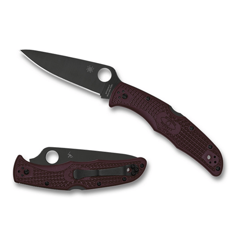 Spyderco SP Endura knife featuring a burgundy handle and black blade, showcasing sleek design and advanced materials.