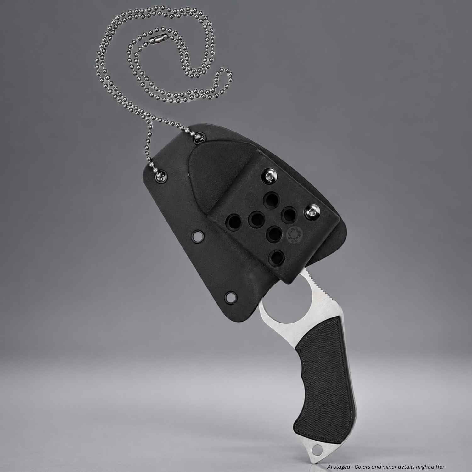 Spyderco Swick 6 fixed blade knife partially drawn from Boltaron sheath with G-Clip and ball chain