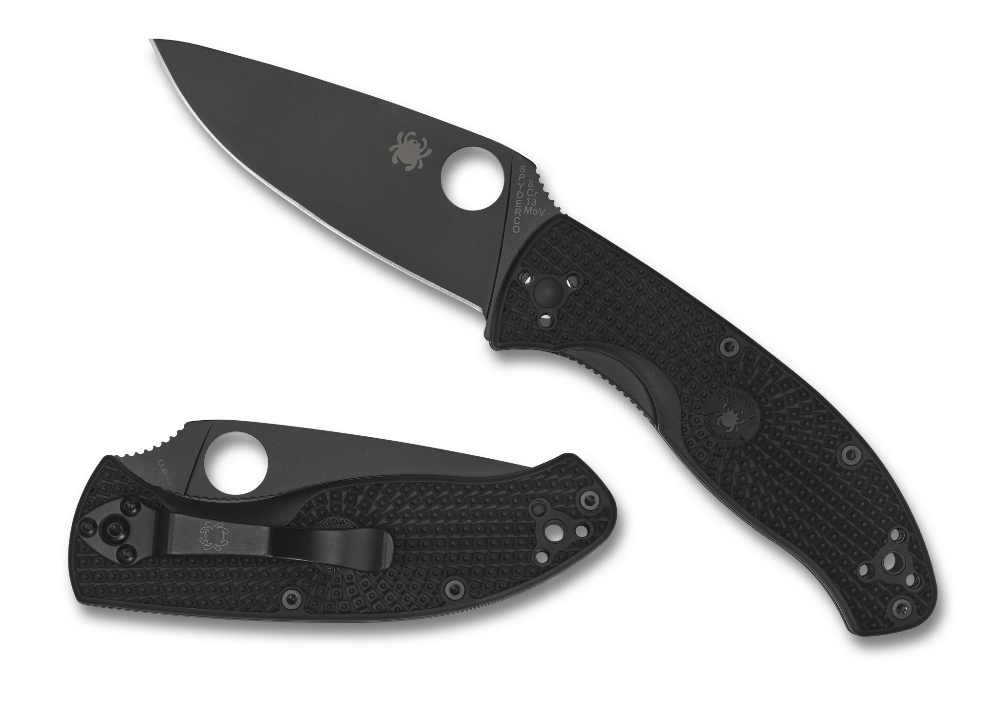 Spyderco Tenacious Lightweight Black Blade with black handle and blade, showcasing sleek design and durability.
