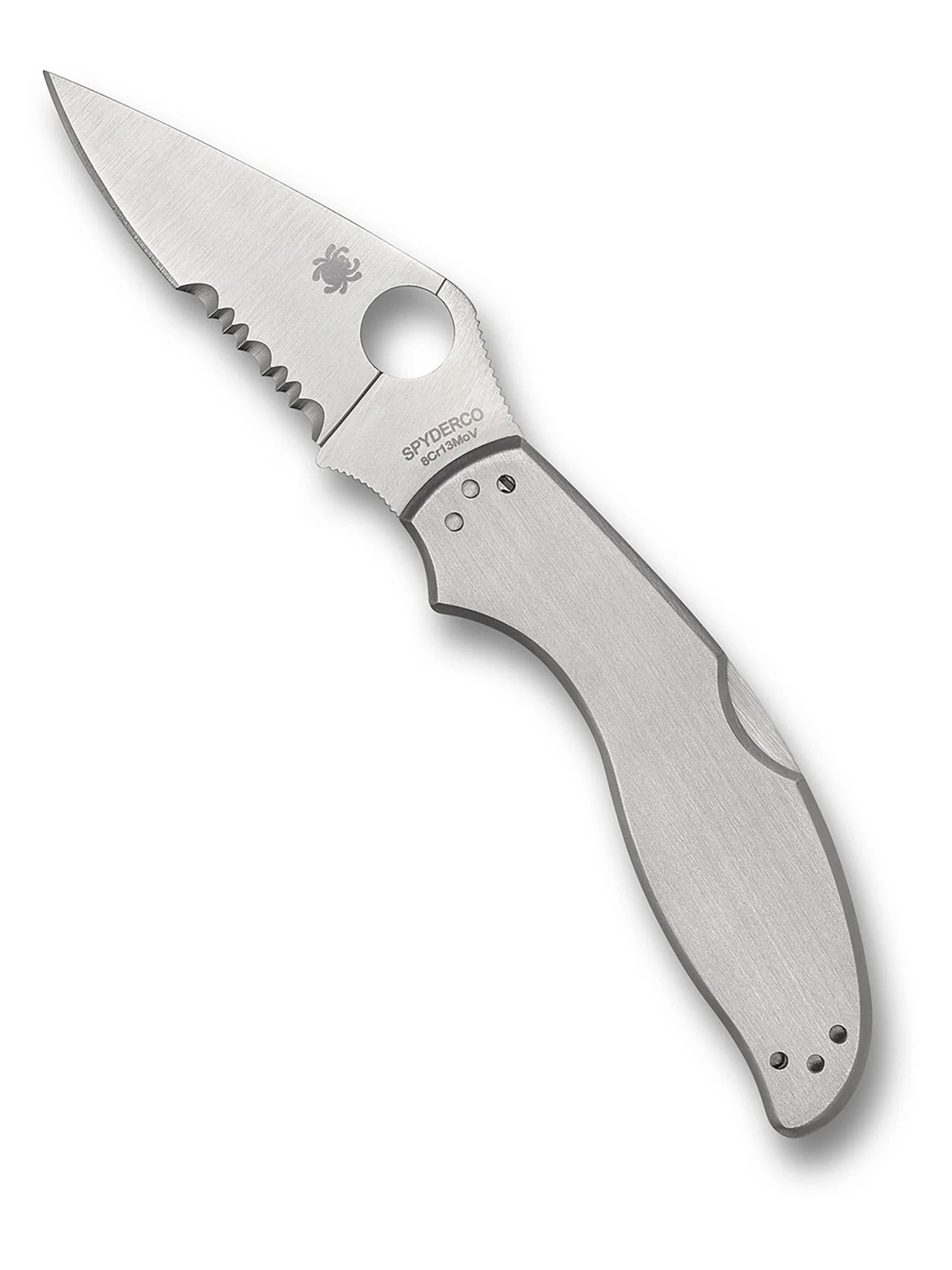 Spyderco UpTern lock back knife open, C261PS combination edge blade with round hole opener