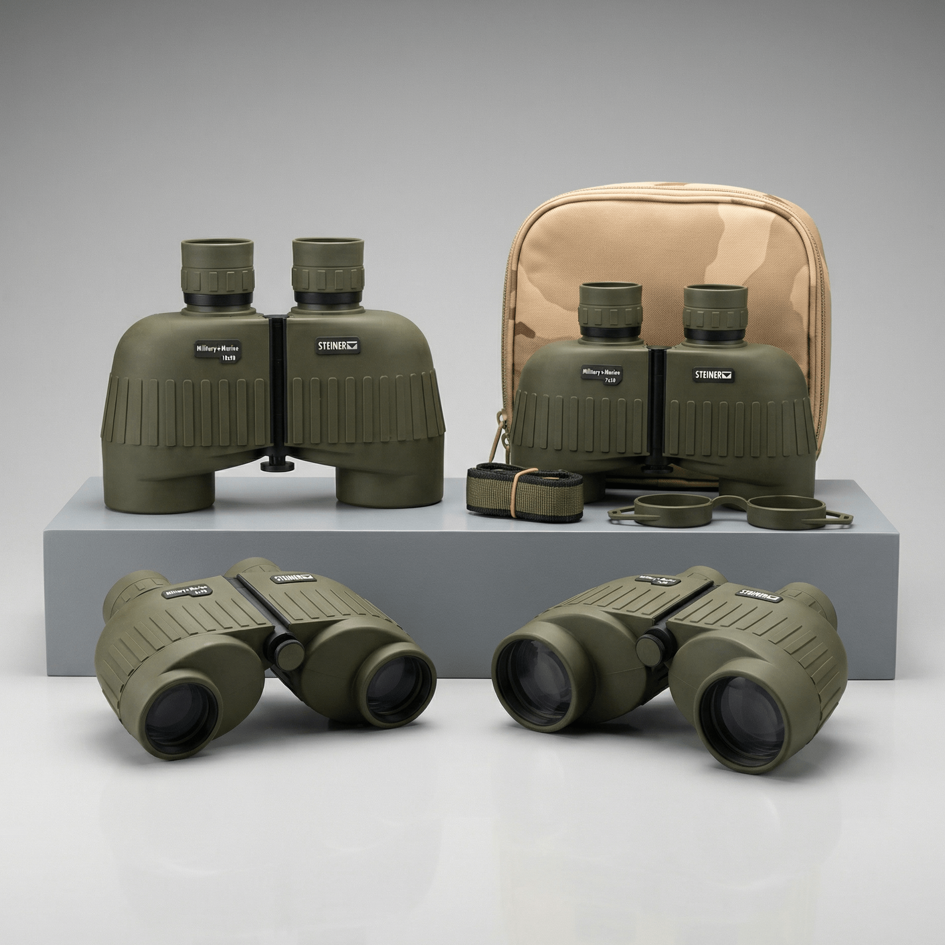 Set of green binoculars with a beige carrying case on a gray background