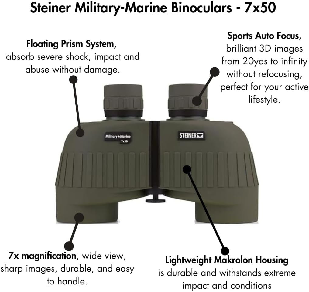 Steiner Binoculars Military-Marine 10x50, 7x50, or 8x30 Binoculars features listed