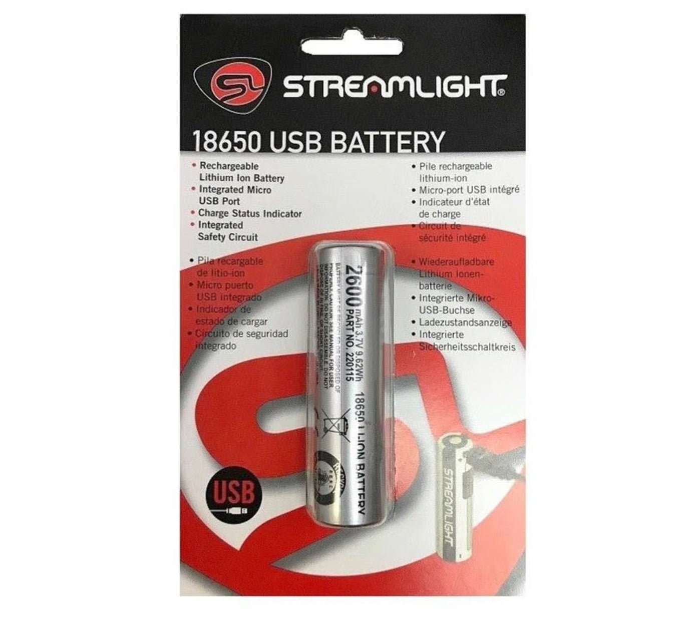 Streamlight 18650 Battery with USB Charger 22101 - 2600mAh Li-Ion - WCUniforms