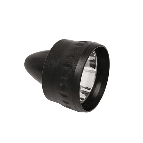 Black flashlight lens on a white background