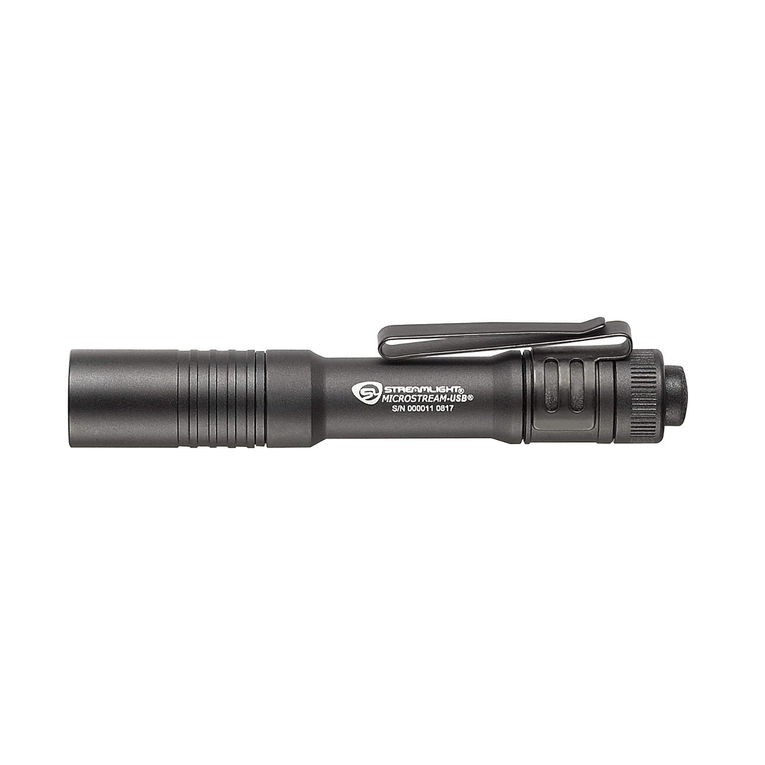 Black Streamlight MicroStream USB pocket flashlight shown in side profile, MPN 66601 or 66604