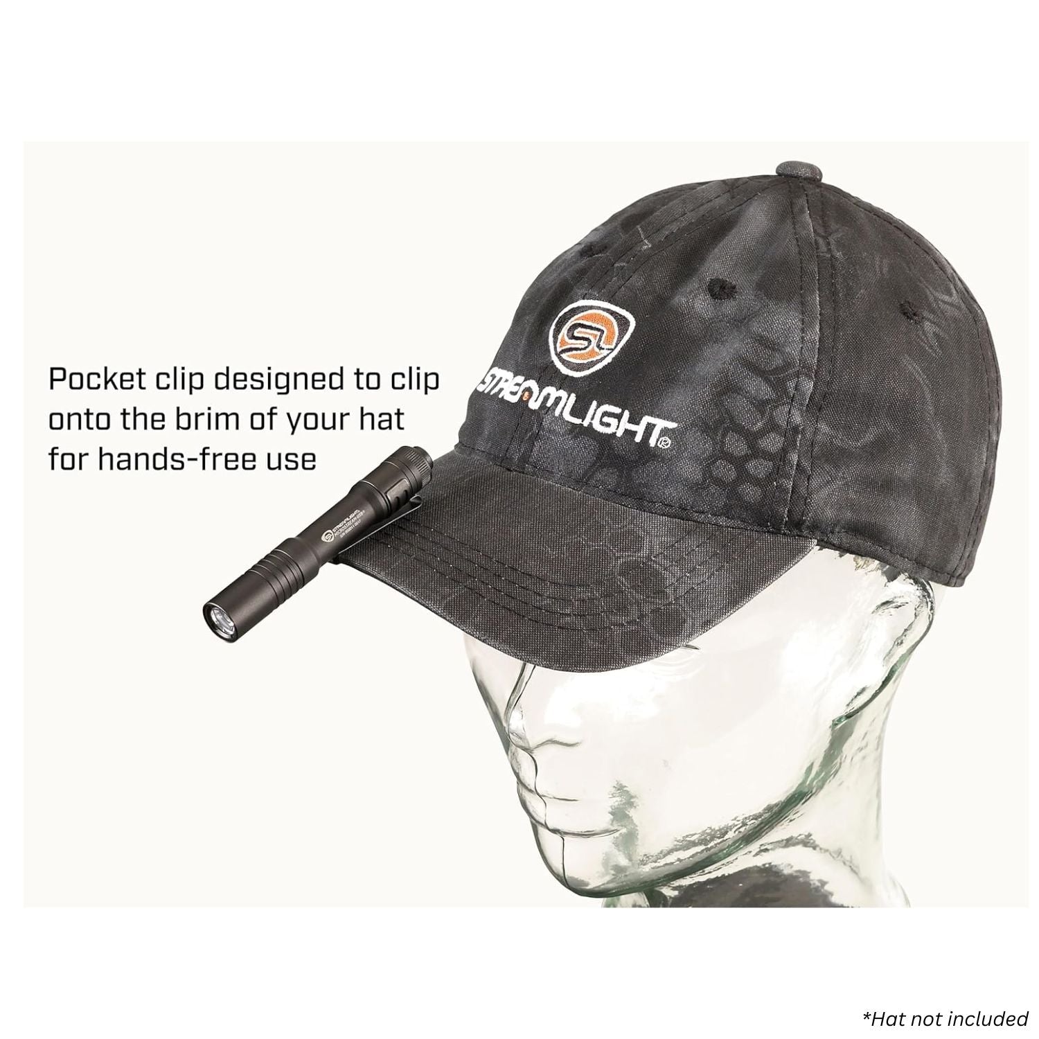 Black Streamlight MicroStream USB clipped to a hat brim for hands-free lighting; hat not included