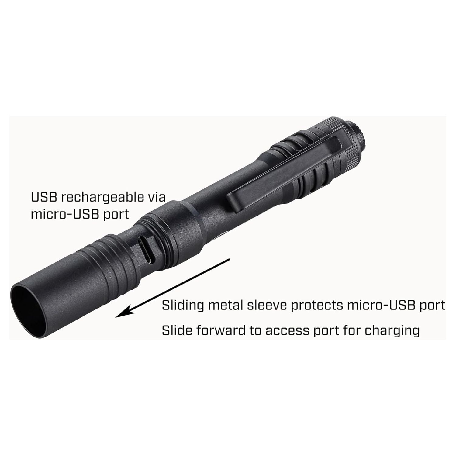 Black Streamlight MicroStream USB with sliding sleeve open to reveal the micro-USB charging port