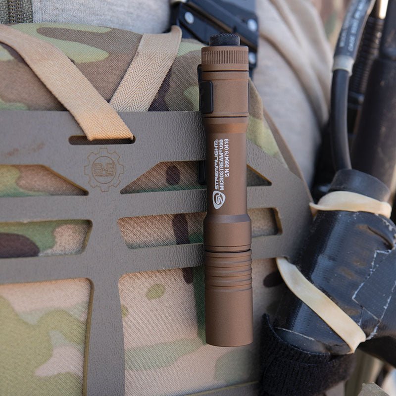 Coyote Streamlight MicroStream USB pocket light clipped to a tactical vest
