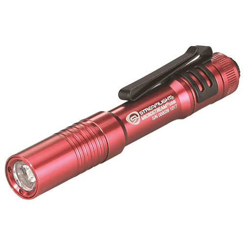 Red Streamlight MicroStream USB pocket flashlight isolated on white, MPN 66602 or 66605