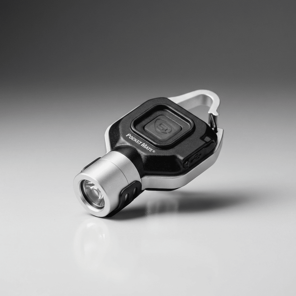 Keychain light with carabiner on a gray background