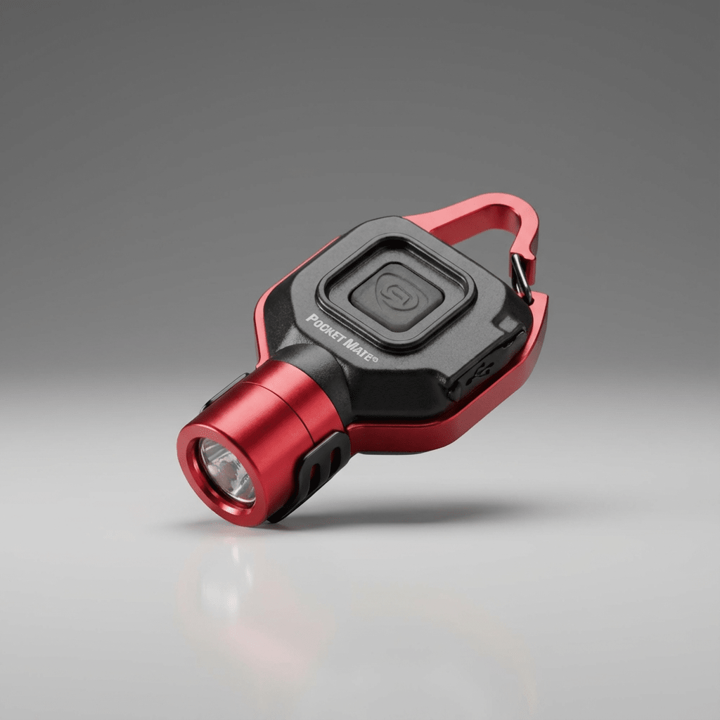 Red and black flashlight with carabiner on a gray background