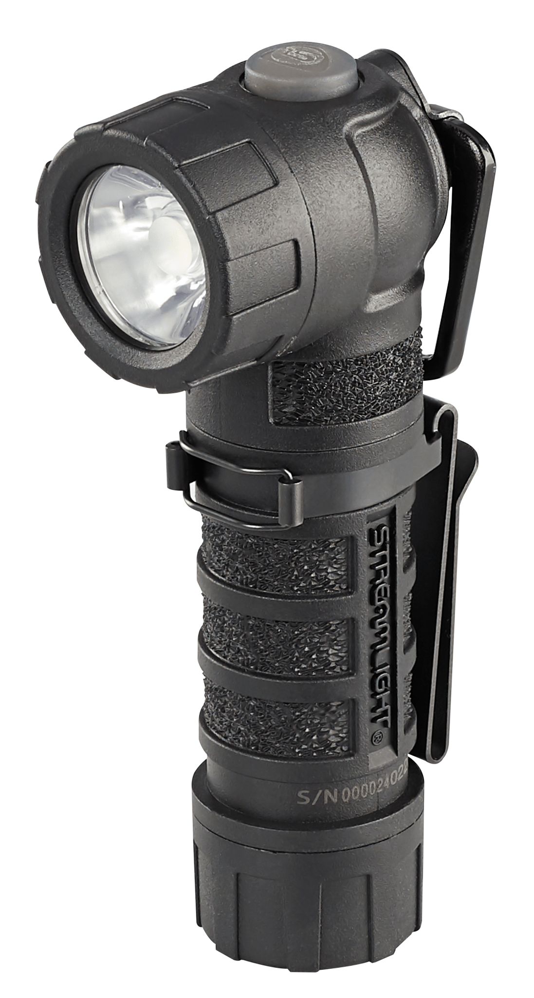 Streamlight PolyTac 90X USB right-angle rechargeable flashlight with textured grip and clip for easy handling.