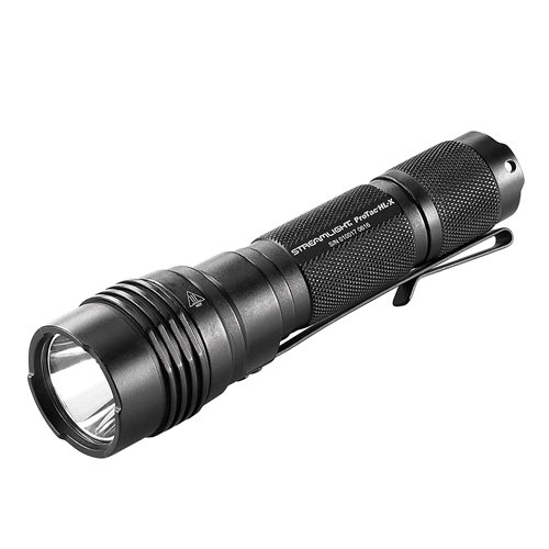 Black flashlight with brand name on a white background