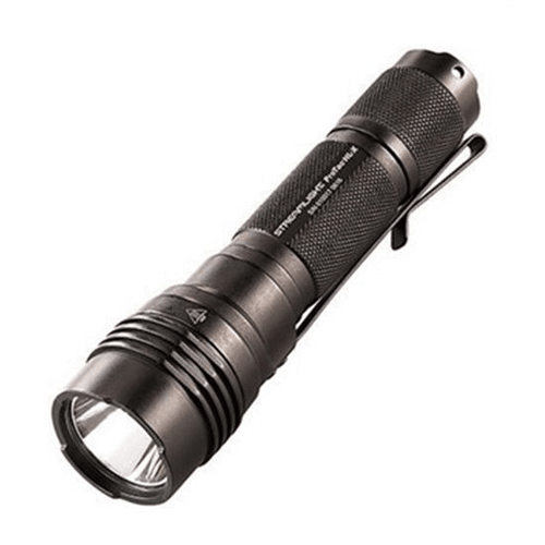 Black flashlight with visible brand logo on a white background