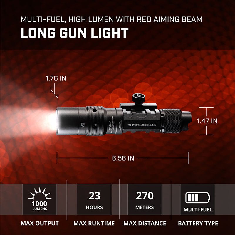 Streamlight ProTac Rail Mount HL-X Laser dimensions: 6.56 in long, 1,000 lumens, 270 m beam, 23 hour run time