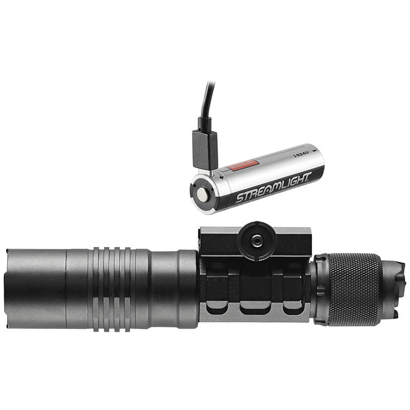 Streamlight ProTac HL-X Laser side profile with SL-B26 USB rechargeable battery and charging cord
